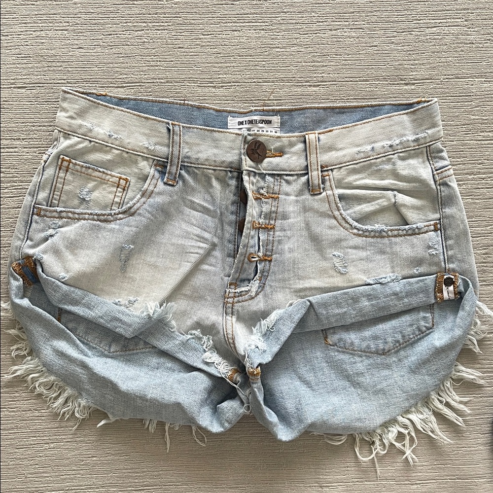 One Teaspoon Faded Light Blue Distressed Frayed Hem Jean Shorts, Bandits